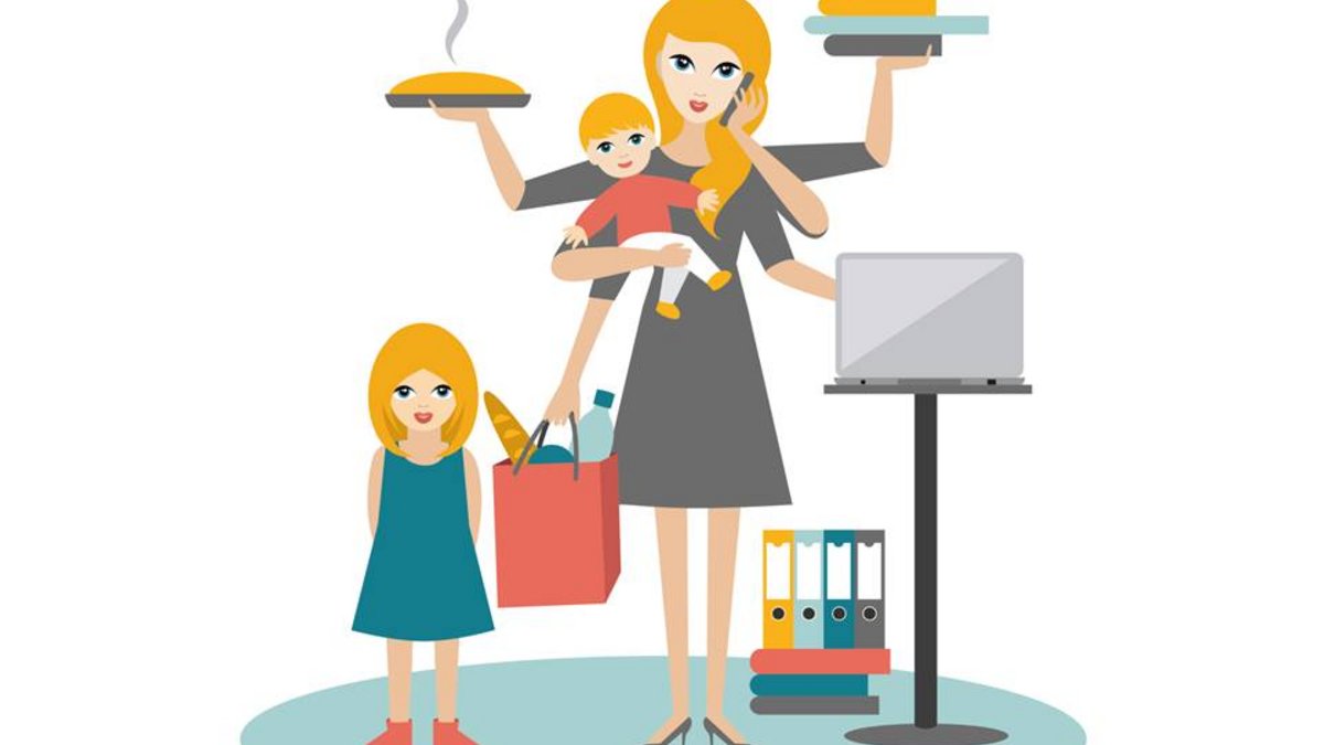 Frau mit vielen Aufgaben Es ist eine gezeichnete Frau dargestellt, die mehrere Arme hat, um all ihre Aufgaben - von Job, bis Kinderbetreuung - zu erledigen