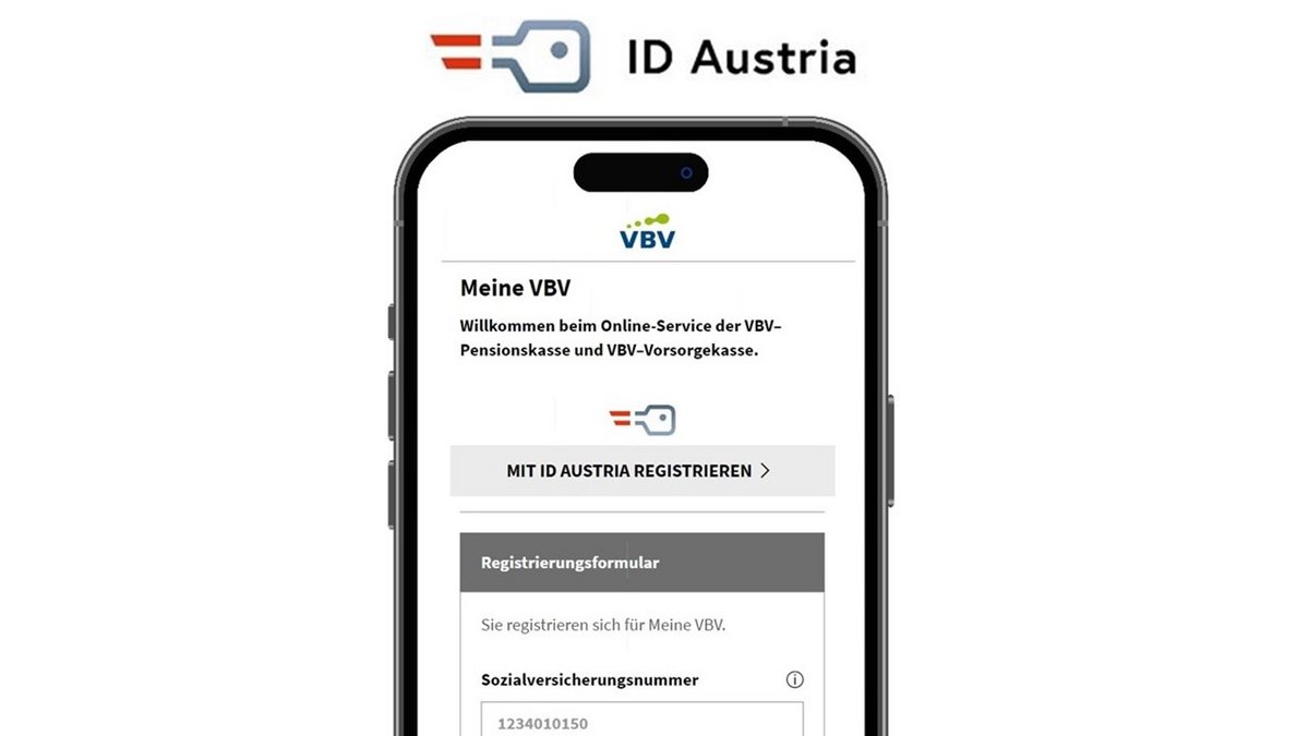 Meine VBV mit ID Austria Zu sehen ist ein Smartphone mit dem Login zum Onlineservice Meine VBV. Man kann sich jetzt auch ganz einfach mit ID Austria anmelden.