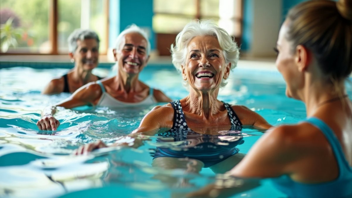 Pensionist:innen bei der Wassergymnastik Das Bild zeigt drei Pensionist:innen gemeinsam mit einer jungen Trainerin beim Wassergymnastik.