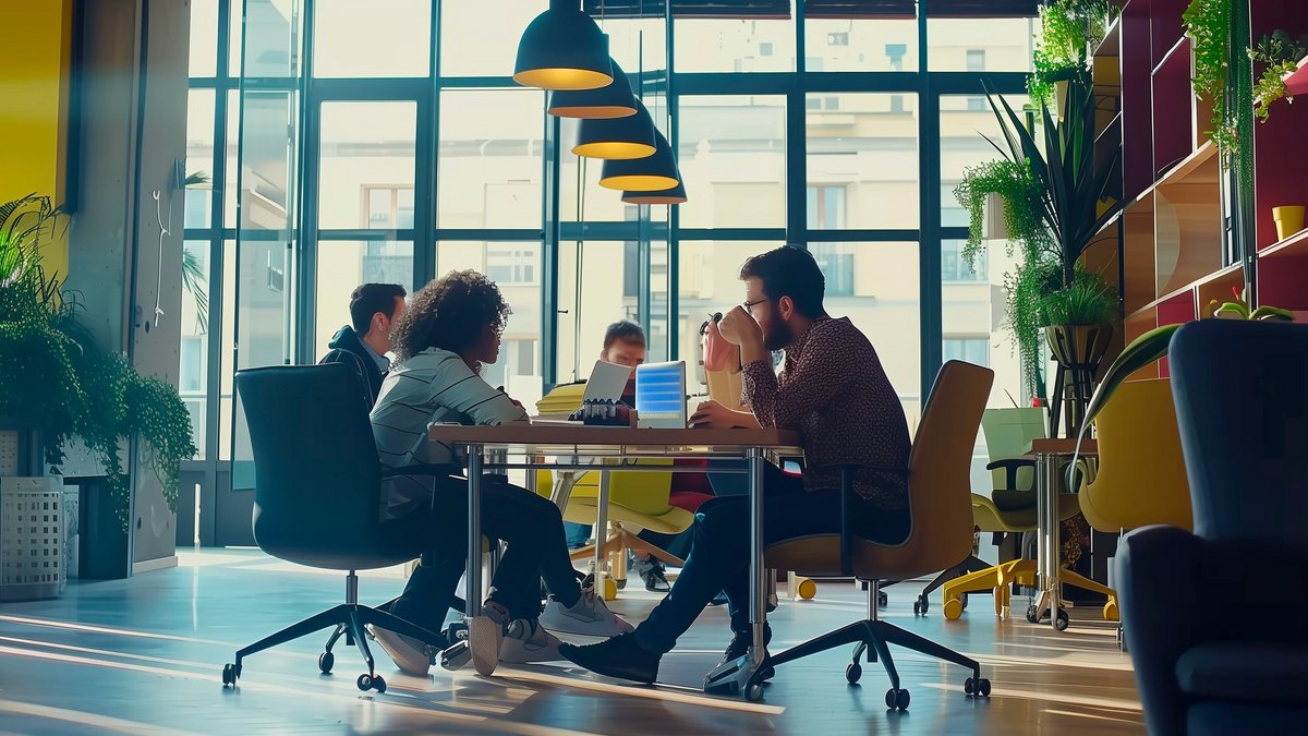 Besprechung in einem modernen Büro Moderne, lichtdurchflutete Büroräumlichkeit mit großen Fenstern und viel Grün. Mehrere Personen sitzen an einem Tisch und arbeiten gemeinsam an Laptops.