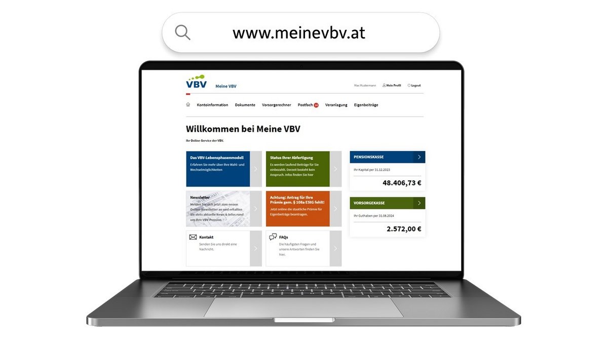Meine VBV Dashboard Man sieht einen Laptop, darauf zu sehen ist das Dashboard von Meine VBV.