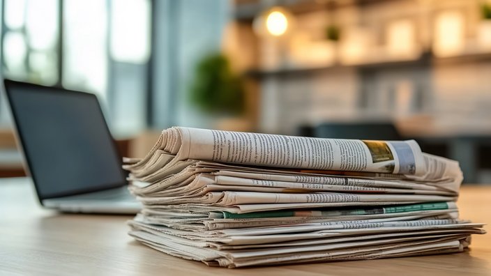 Pressebereich Das Bild zeigt einen Zeitungsstapel vor einem Laptop.