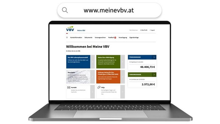 Meine VBV am Laptop Das Onlineservice Meine VBV wird auf einem Laptop dargestellt.