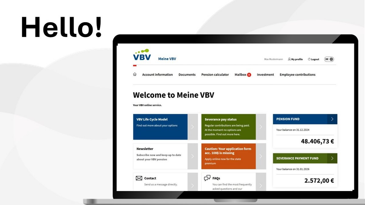 Meine VBV auf englisch Man sieht einen Laptop, darauf zu sehen ist das Dashboard von Meine VBV in englischer Sprache